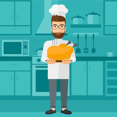 Man holding roasted chicken.