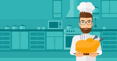 Man holding roasted chicken.