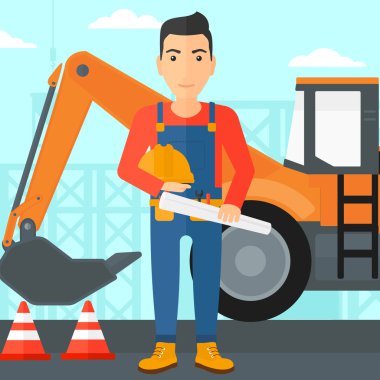 Kask ile mühendis ve blueprint.