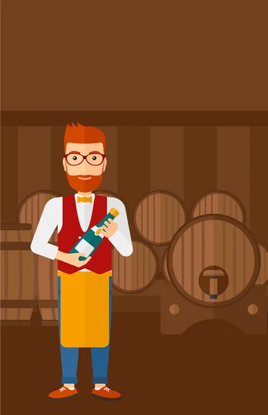 Camarero sosteniendo botella de vino . — Vector de stock