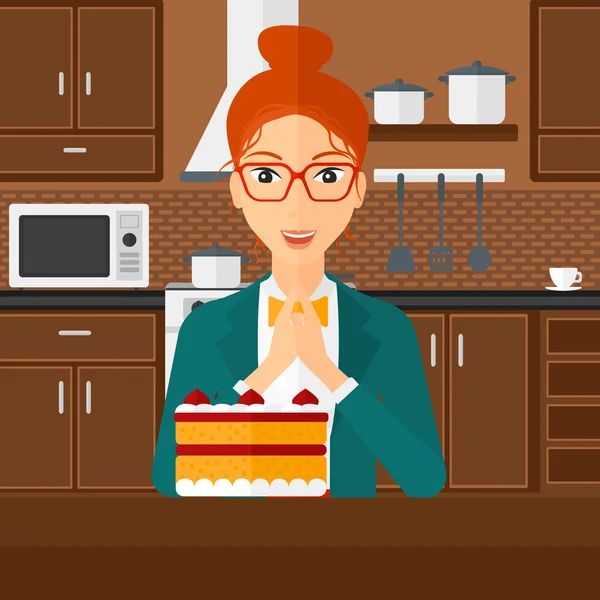Femme regardant gâteau . — Image vectorielle