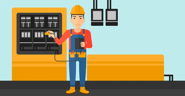 Eletricista com equipamento elétrico . —  Vetores de Stock