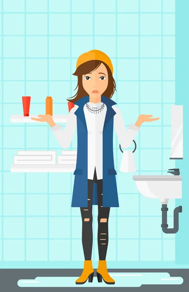 Woman in despair standing near leaking sink. — Stock Vector