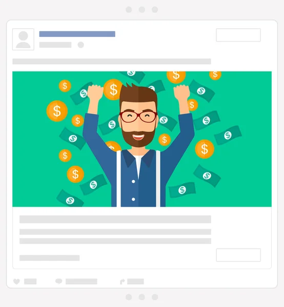 Glad man står under flygande pengar. Sociala medier inlägg. — Stock vektor