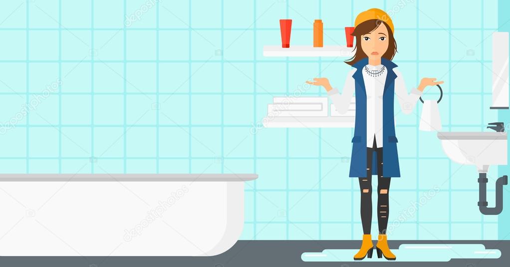 Woman in despair standing near leaking sink.