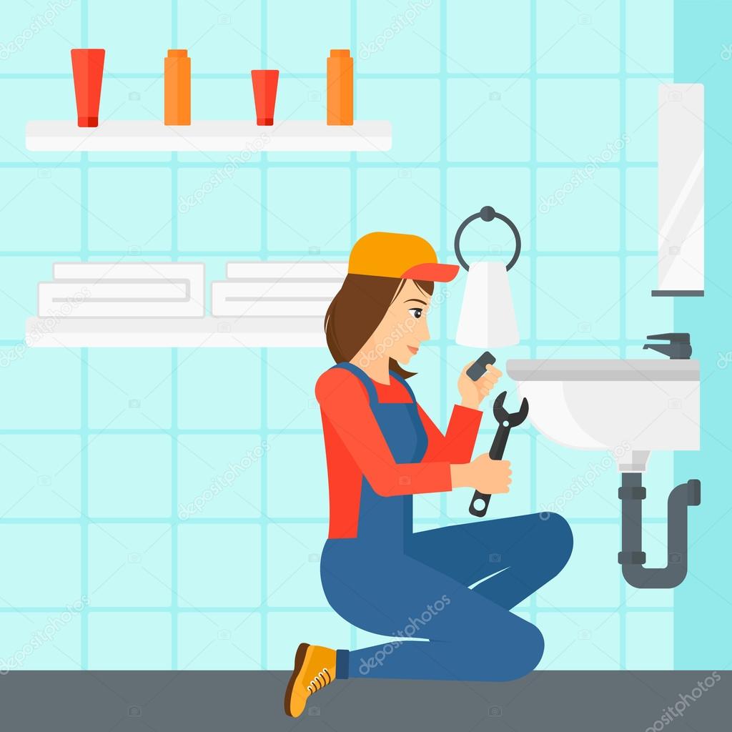 Woman repairing sink.