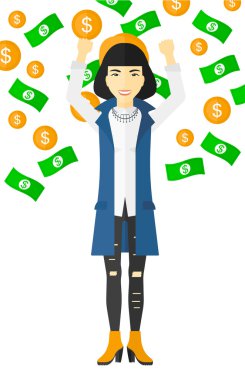 Happy woman with  flying money.