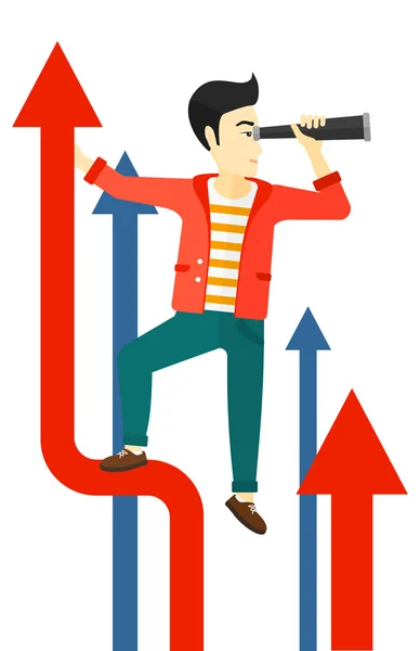 Man with spyglass on rising arrow. — Stock Vector