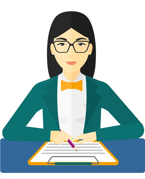 Mujer firma contrato . — Vector de stock