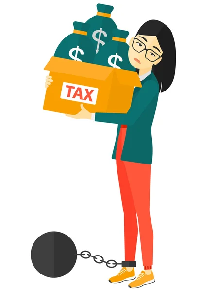 Chained woman with bags full of taxes. — Stock Vector