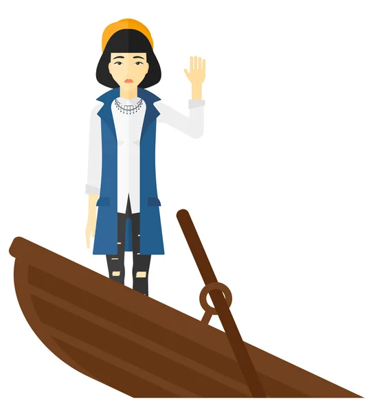 Mujer de negocios de pie en barco hundido . — Vector de stock