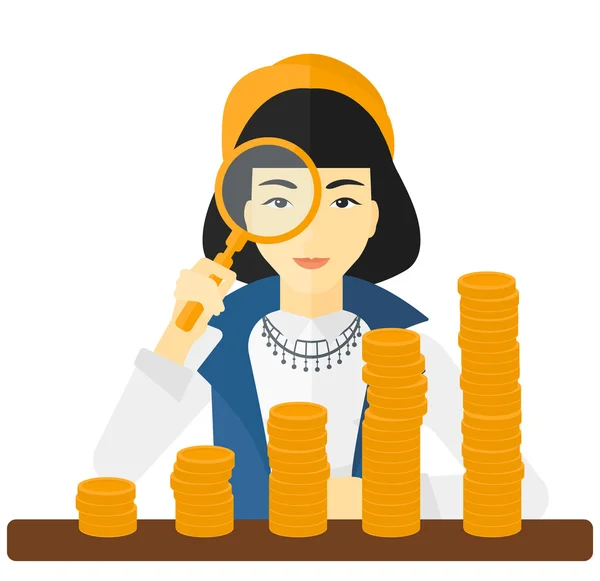 Woman with magnifier and golden coins. — 图库矢量图片