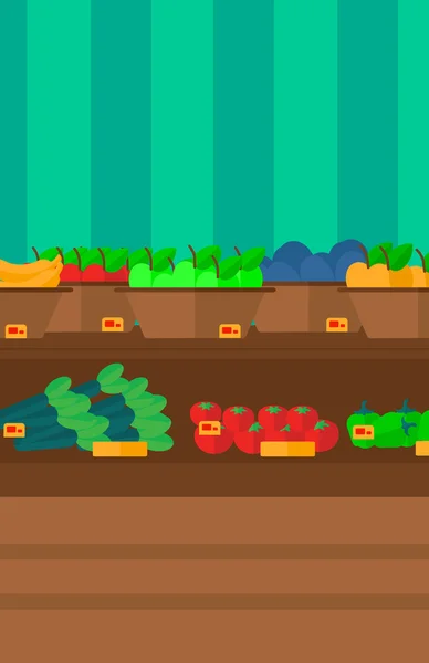 Tło warzywa i owoce na półkach w supermarkecie. — Wektor stockowy