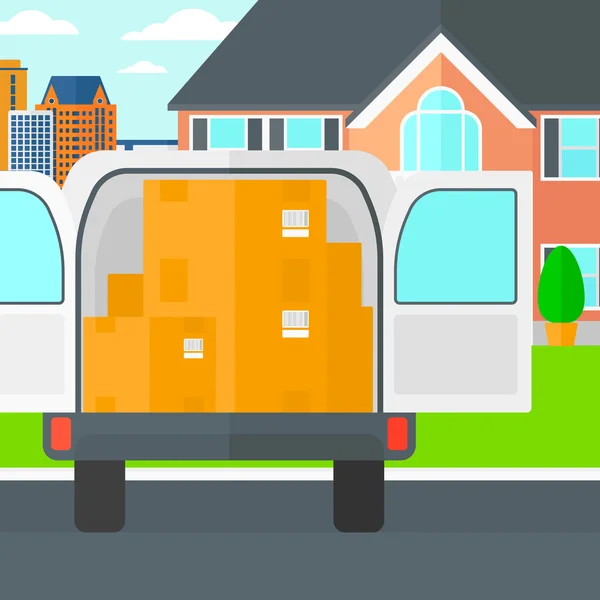 Fundo do caminhão de entrega com uma porta aberta e caixas de papelão na frente da casa . —  Vetores de Stock