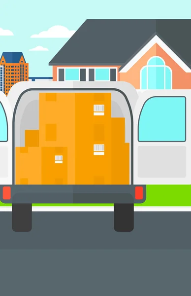 Fondo del camión de reparto con una puerta abierta y cajas de cartón delante de la casa . — Vector de stock