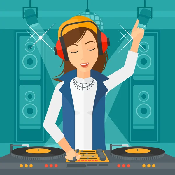 DJ sonriente con consola . — Vector de stock