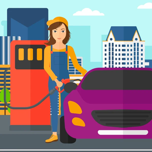 Γυναίκα που γεμίζει καυσίμου στο αυτοκίνητό. — Διανυσματικό Αρχείο