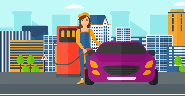 Mujer llenando combustible en el coche . — Vector de stock