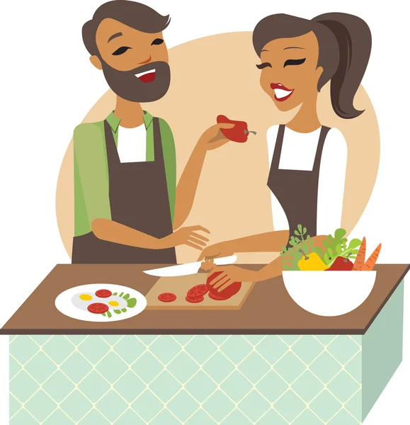 Young couple preparing meal together — Stock Vector