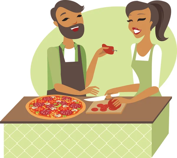 Pareja joven preparando pizza juntos — Archivo Imágenes Vectoriales