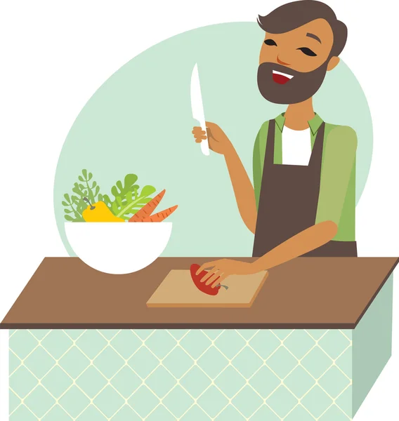 Hombre joven preparando ensalada — Vector de stock