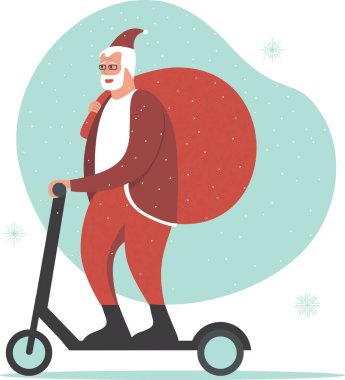 Noel Baba Karakteri Elektrikli Scooter Vektör Çizgi Filmi. Modern Noel Baba, büyük bir çuvalla hızlı çevre dostu araçla seyahat eden hediyeler getiriyor. Düz vektör illüstrasyonu