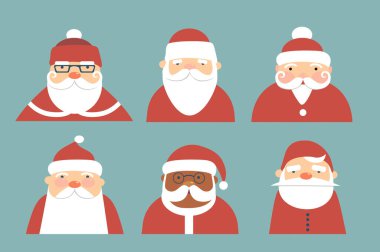 Noel Baba karakterleri koleksiyonu, sakallı ve şapkalı çeşitli yüzler. Noel Baba çizgi film karakterleri Noel ikonları seti. Düz vektör