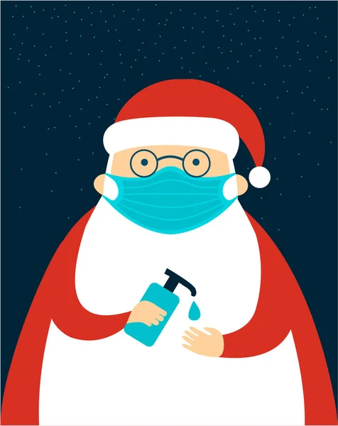 Santa Claus Charakter Nosí Ochrannou Masku Obličeje Pomocí Dezinfekčního Prostředku — Stockový vektor