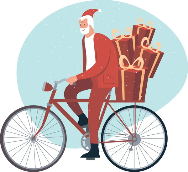 Modern Noel Baba Karakteri Hippi Bisikletine Biniyor Noel Hediyeleri Dağıtıyorum — Stok Vektör