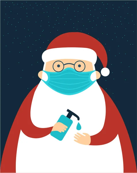 Santa Claus Character Wearing Protective Face Mask Using Hand Sanitizer Stock Vector