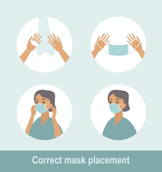 의료용 마스크를 제대로 착용하는 외과용 마스크를 착용하는 방법에 그래픽의 단계별 — 스톡 벡터