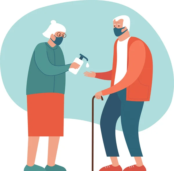 コロナウイルスCovid 19疾患パンデミック時の高齢者のための安全対策 古いカップルは手を消毒保護マスクを身に着けています フラットベクトル漫画イラスト — ストックベクタ