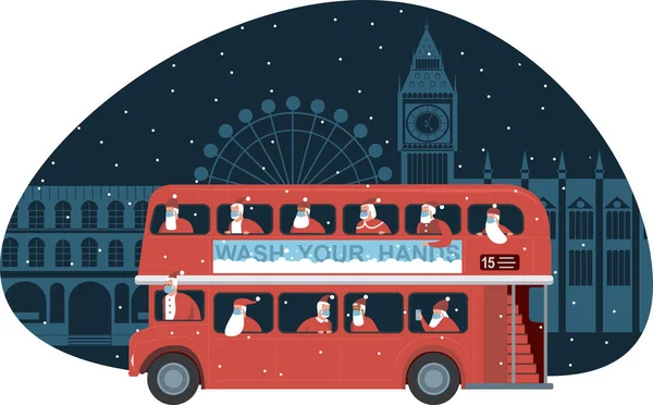 Traditionele Britse Rode Dubbeldekker Bus Vol Santas Christmas London Achtergrond — Stockvector