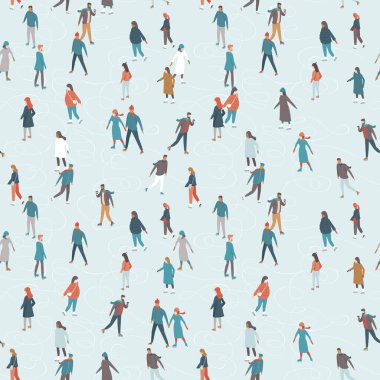 Mutlu insanlar buz pateni pistinde kayıyor. Kadın ve erkek karakterler birlikte eğlenir. Noel Tatili Konsepti. Sıcak kış akşamı aktiviteleri. Kusursuz desen. Çizgi film düz vektör çizimi