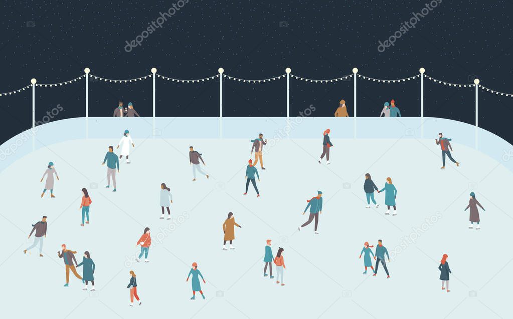 Happy people skating on the ice rink. Men and Women Characters Have Fun Together. Christmas Holidays Concept. Cozy winter evening activities. Cartoon flat vector Illustration