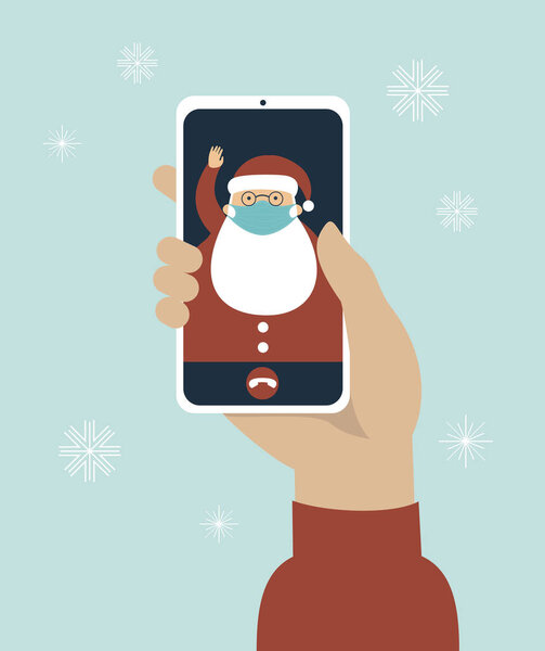 Human hand holding smart phone video call on the screen with Santa Claus wearing a protective medical mask. COVID-19 2019-ncov disease pandemic. Safety measures. Quarantine concept. Flat vector