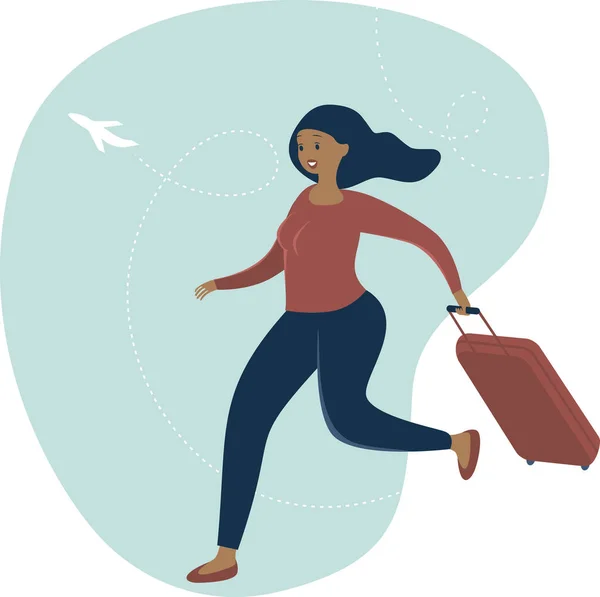 Mujer Viajero Con Equipaje Personaje Plano Dibujos Animados Concepto Viaje — Vector de stock