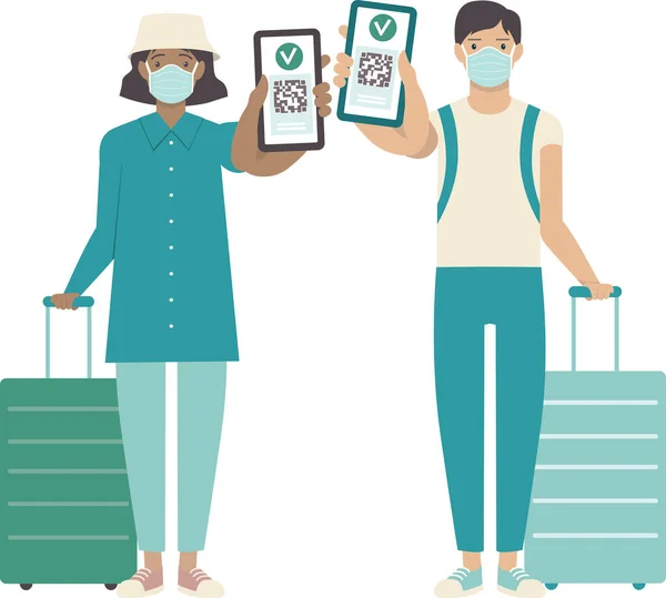 Passagiers Met Gezondheidspaspoort Een Mobiele Telefoon Wat Wijst Een Vaccinatie — Stockvector