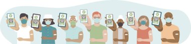 Various Vaccinated people with digital health passports. Young and aged men and women showing an app on their mobile phones. Multiracial group. Green immunity certificate concept. Flat vector