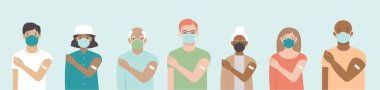Ethnically diverse and mixed age group of people showing their shoulders with band-aids on after getting a vaccine. Set of multiracial characters. Team vaccinated. Vaccination campaign concept. Vector