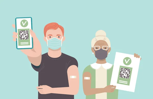 Vaccinated People Using Digital Health Passports Young Man Showing App — Stock vektor