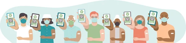 Various Vaccinated People Digital Health Passports Young Aged Men Women — Διανυσματικό Αρχείο