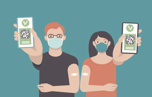 Young Vaccinated People Using Digital Health Passports Adult Man Woman —  Vetores de Stock