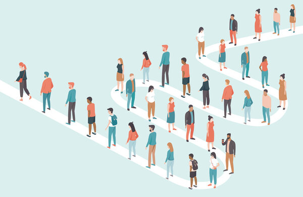 Большая многонациональная группа людей, стоящая в длинных очередях. Плоская векторная иллюстрация