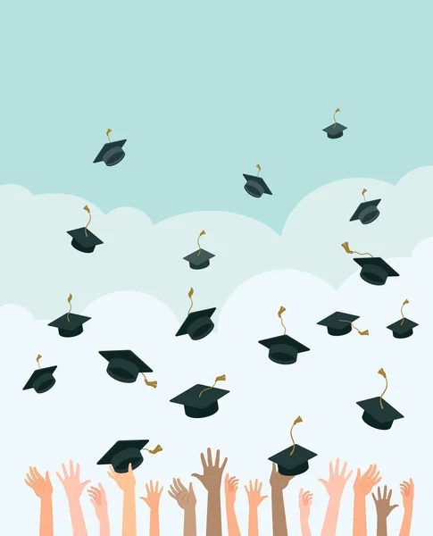 多种族人的手把毕业帽抛向空中 毕业的学生 庆祝学校 学院或大学的结束 平面矢量 — 图库矢量图片