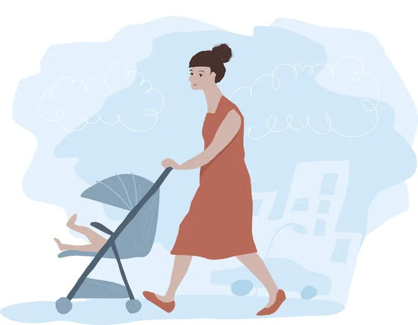 若い女性は軽いベビーカーで通りを歩いている 母親と子供が街を歩く 平面ベクトル文字 — ストックベクタ