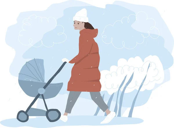 冬にベビーベーシットのベビーカーで歩く若い女性 母親と子供が公園を歩く 平面ベクトル文字 — ストックベクタ