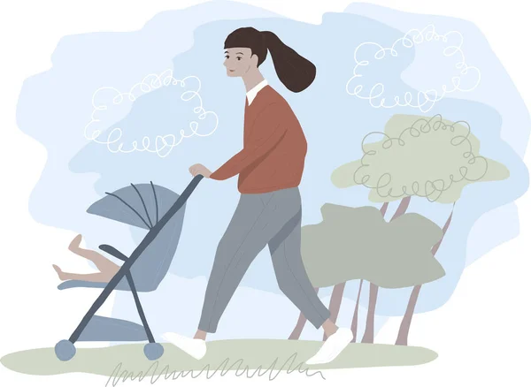 軽いベビーカーで歩く若い女性 母親と子供が公園を歩く 平面ベクトル文字 — ストックベクタ