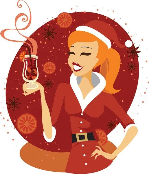 Santa girl with glass of mulled wine — Stock Vector