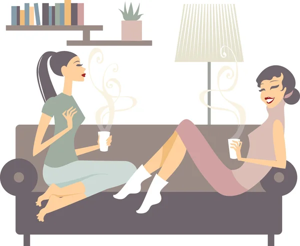 Φίλες με φλιτζάνια καφέ μιλώντας στο σπίτι — Διανυσματικό Αρχείο